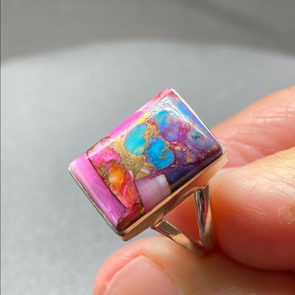 Kingman Pink Dahlia Turquoise Ring Size 8 in Solid Sterling Silver 925 - Picture 6 of 6
